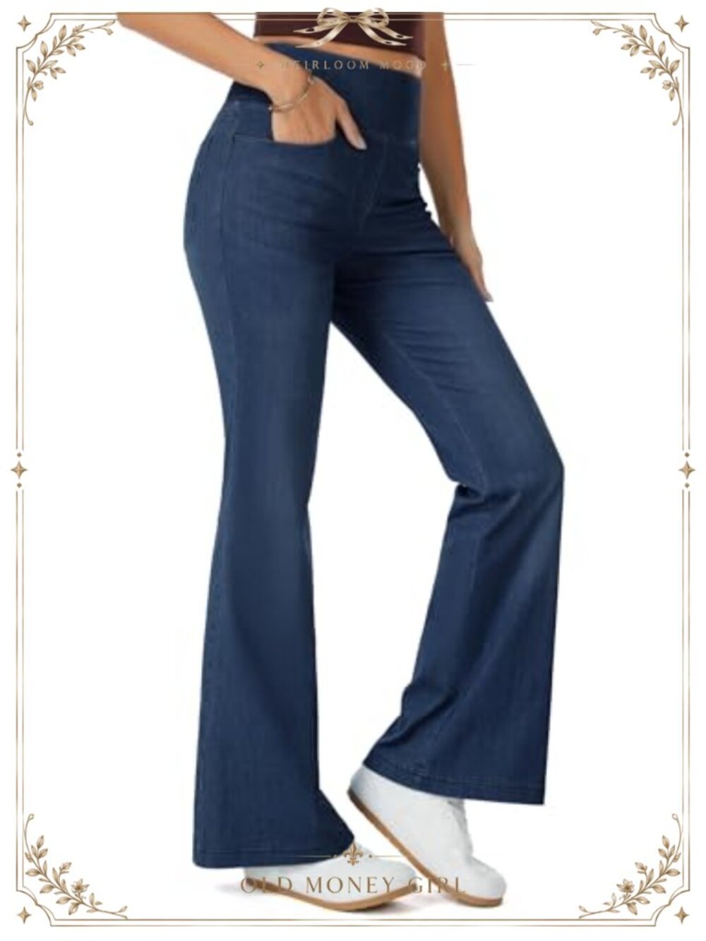 High Waisted Bell Bottom Stretch Jeans Pull On Flare Denim Pockets